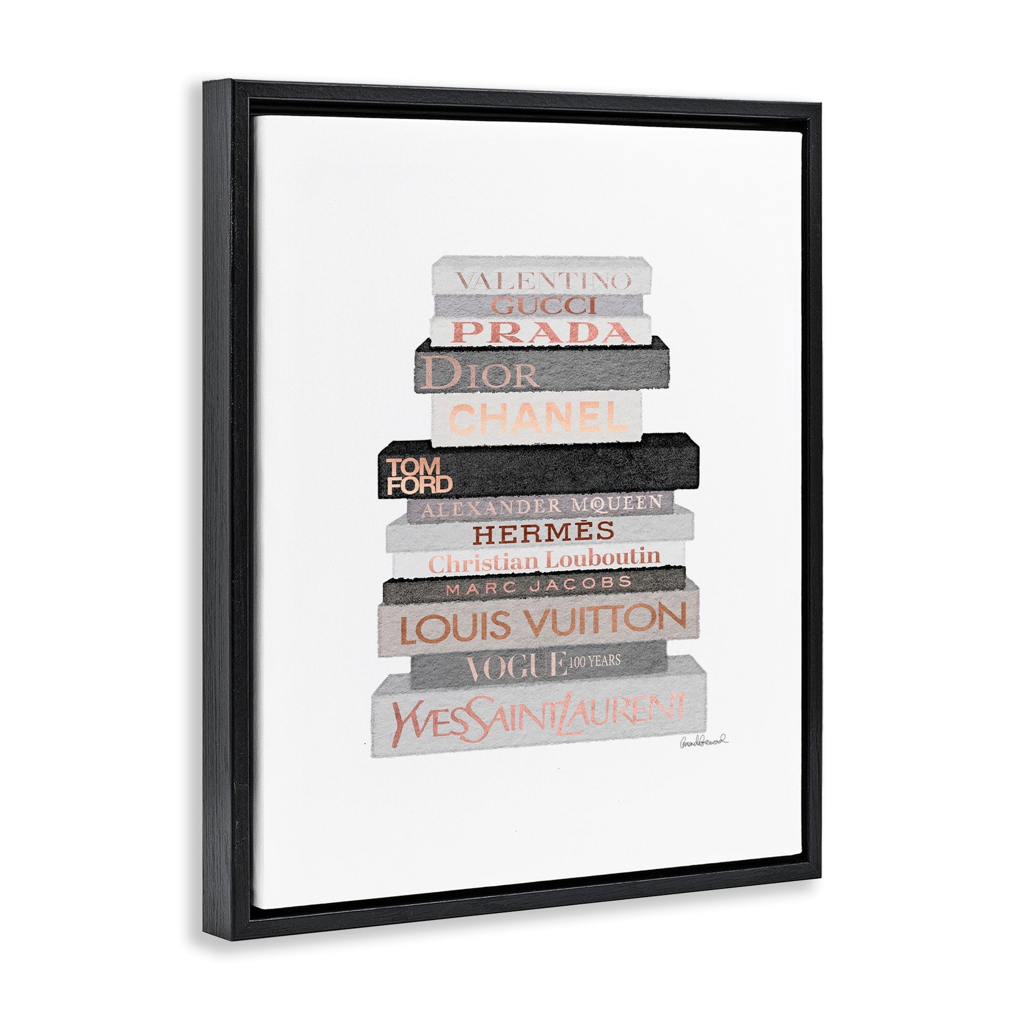 Stupell Industries Neutral Grey and Rose Gold Fashion Bookstack Jet Black Framed Floating Canvas Wall Art, 16x20, by Amanda Greenwood