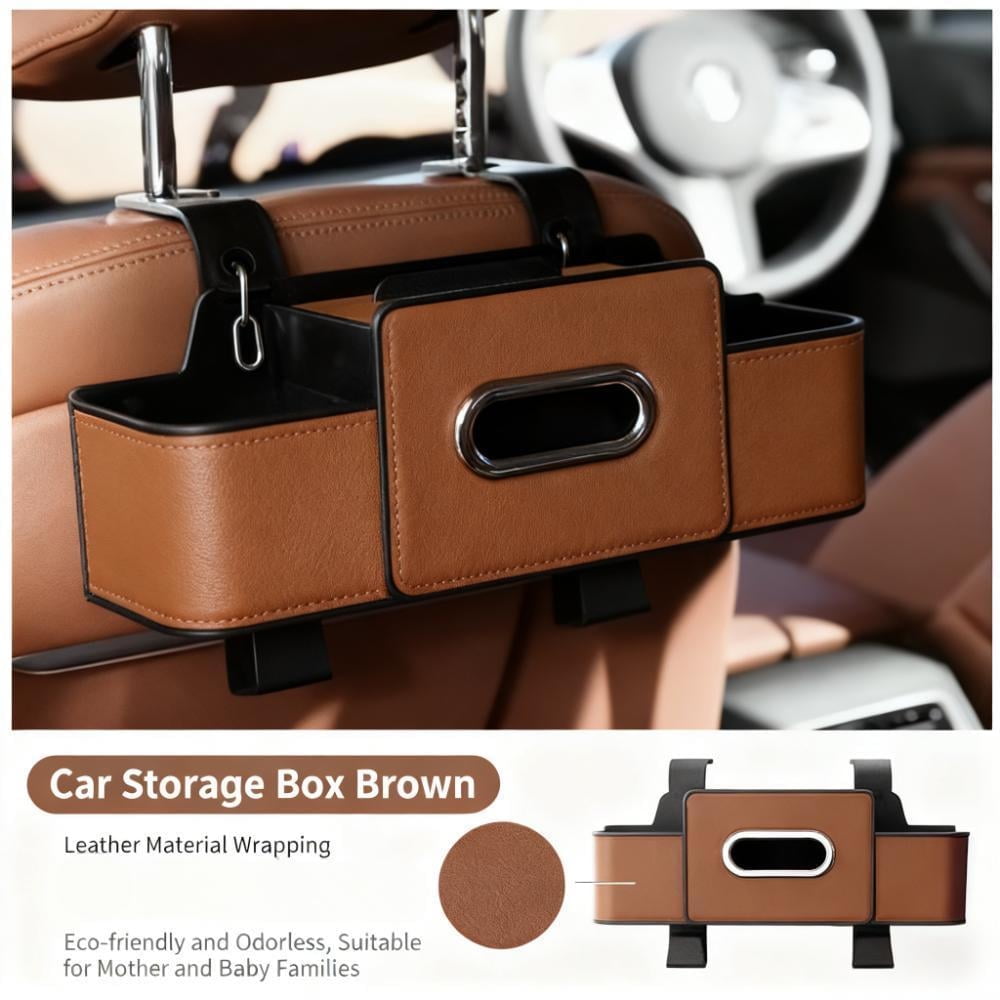 HUOEPU Car Back Seat Organizer with Tissue Box, Car Seat Back Tissue Box and Storage Hook & Cup Holders, Leather Storage Bag for Minivan, SUV, Family Travel, Brown