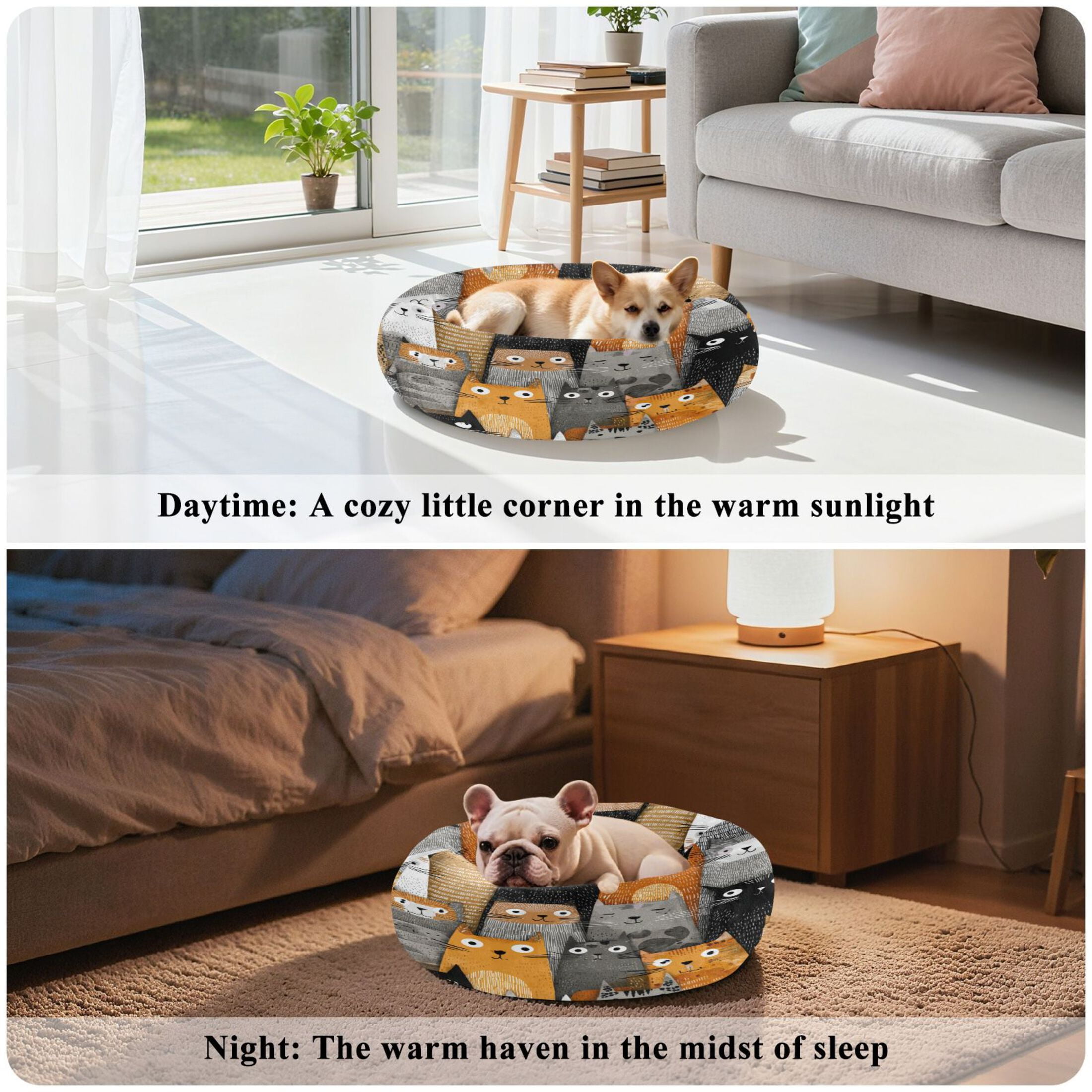 Iauyy Pet Couch Donut Cat Bed for Indoor Cats/Small Dogs Washable & Machine with Non-slip Bottom Calming Cat Furniture, Cartoon Illustration (XS)
