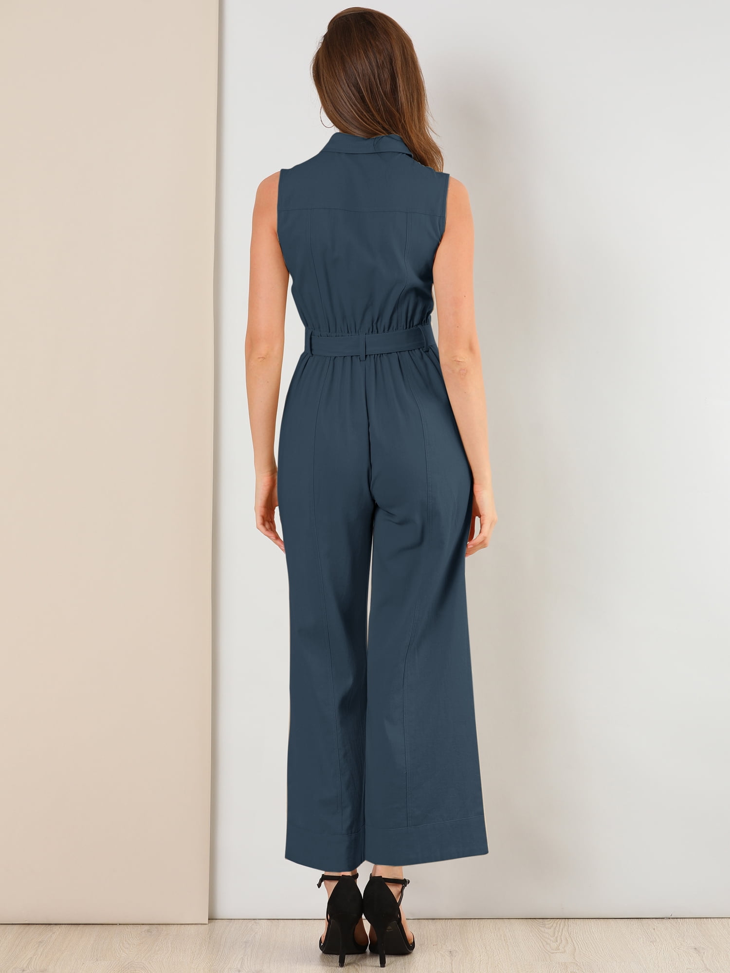 DARING DIVA Women's Wide Leg Jumpsuit Collared Tie Waist Coverall M Navy Blue