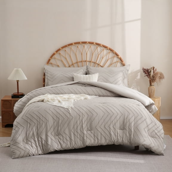 Sheet&Joy Queen Comforter Set with Sheets Beige - 7 Pieces Bed in a Bag Queen Chevron Tufted Complete Bedding Sets with Comforter, Sheets, Pillowcases & Shams