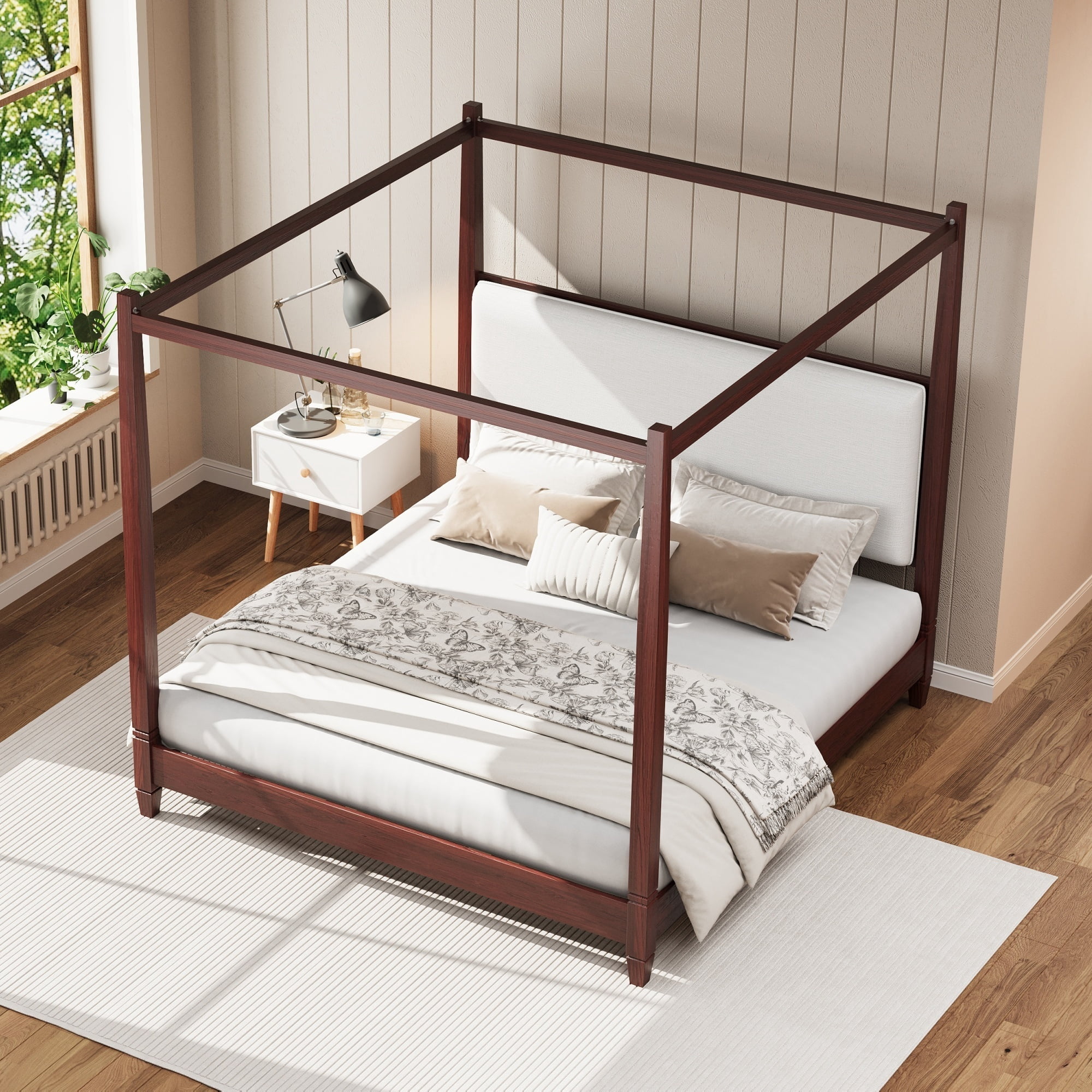 Euroco Wood King Size Canopy Platform Bed with Upholstery Headboard, Espresso