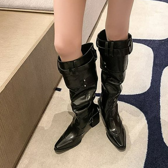 Viluyesy Tall Boots for Womens, Pointed Toe Chunky Heels Wide Calf Leather Fashion Slouch Boots Black US5.5