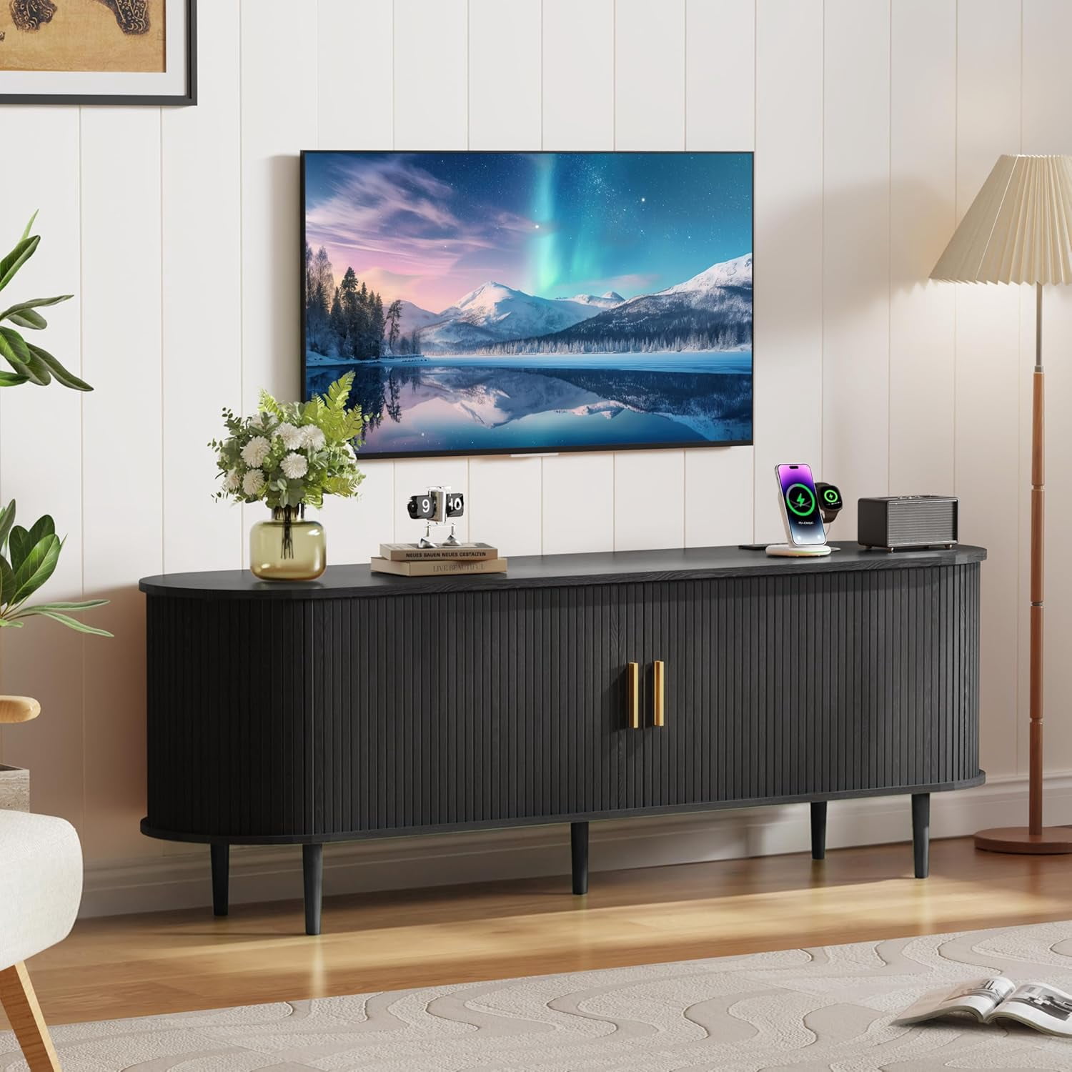 63 Inch Mid-Century Modern TV Stand with Power Outlet for TVs up to 70 Inches, Entertainment Center with Sliding Doors, Adjustable Shelves and Storage, Media Console for Living Room, Black