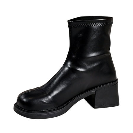 OJSFQUFP Womens Booties Ladies British Style Solid Color Leather Thick Heel Sleeve Short Boots Work Shoes Women Business Casual Combat Boots Womens Goth Black 38