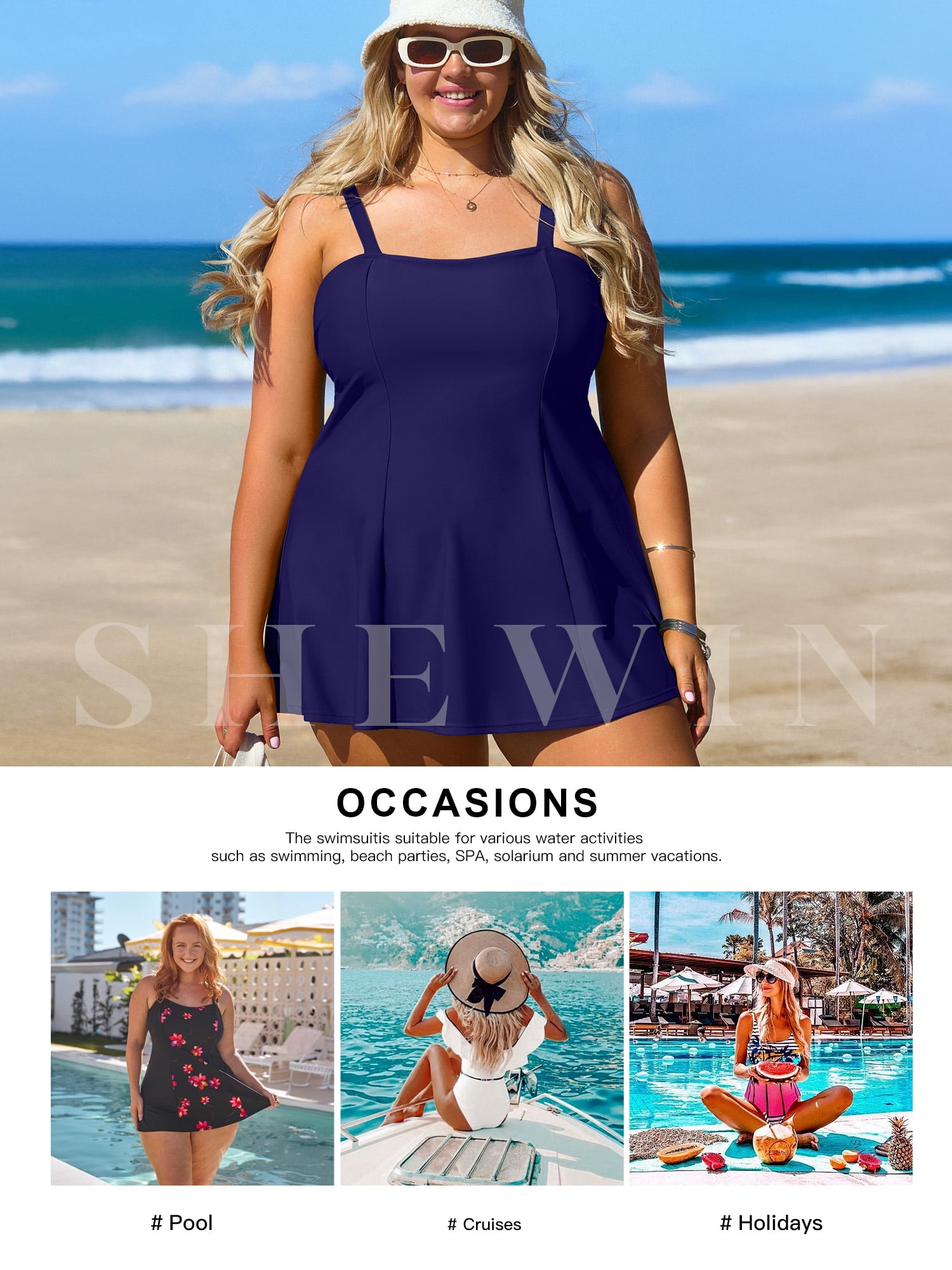 SHEWIN Woman Plus Bathing Suit One Piece Swim Dresses for Woman Tummy Control Swimm Suits with Pockets Navy Blue 3X