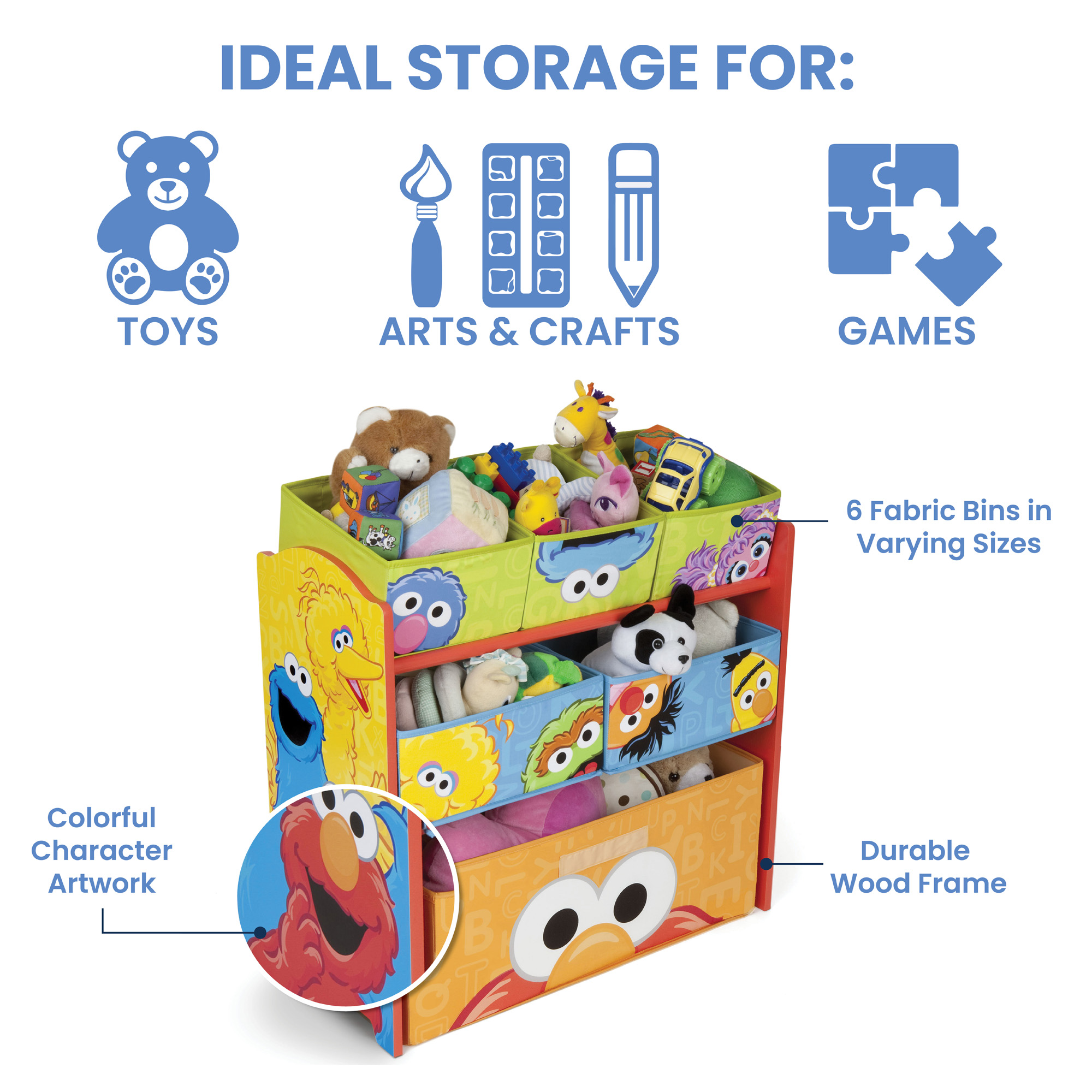 Sesame Street 6 Bin Design and Store Toy Organizer by Delta Children - Durable Engineered Wood, Solid Wood and Fabric Construction, Multi Color - image 4 of 8