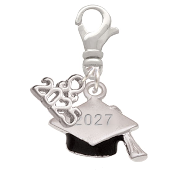 Delight Jewelry Silver-tone 3-D Graduation Hat with 2027 - Silver-tone Clip on Charm with Mini Year 2025