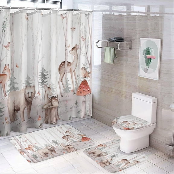 Rustic Deer Shower Curtain set 4 Pcs,Farmhouse Country Patchwork Hutting Wild Animals Cabin Bear Deer Mountain Black Bathroom Decor Set,Toilet Lid Cover,Bath Mat
