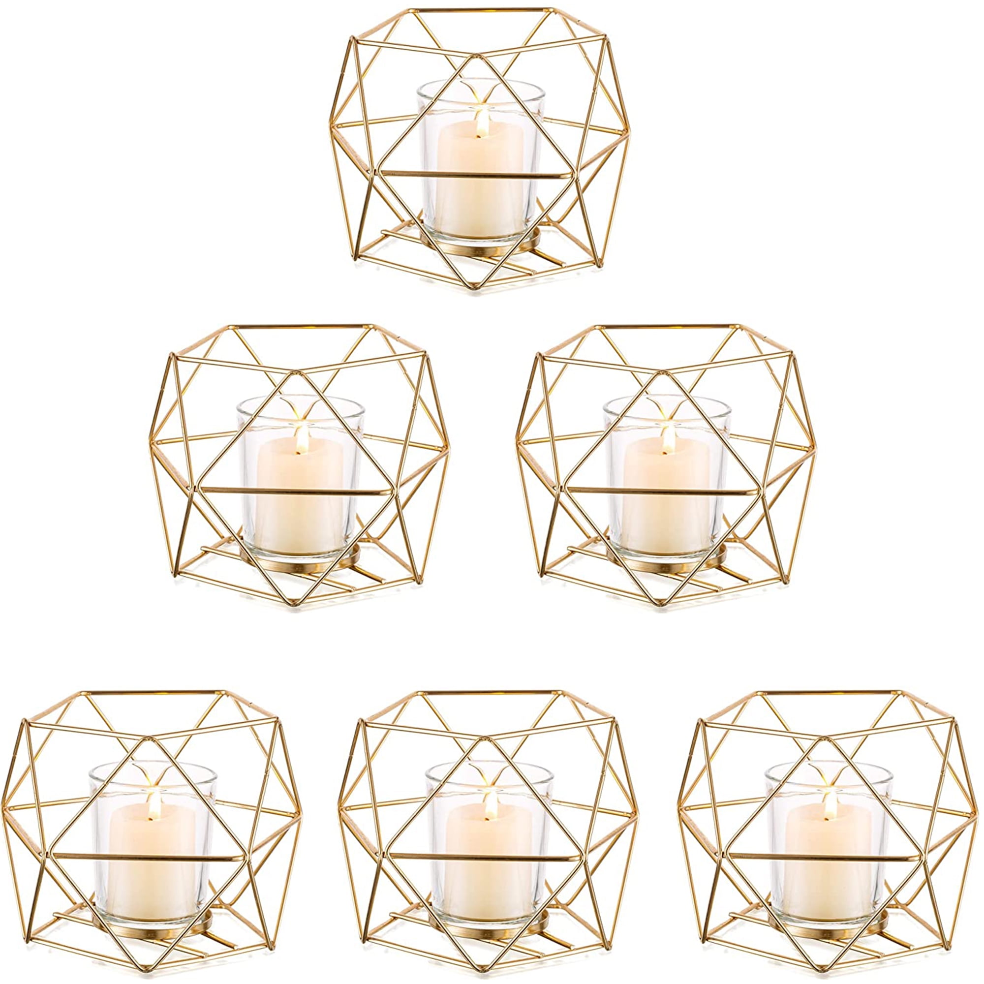 Sziqiqi Gold Geometric Candle Holder for Tealight & Votive Candles with Glass for Wedding Centerpiece Set of 6