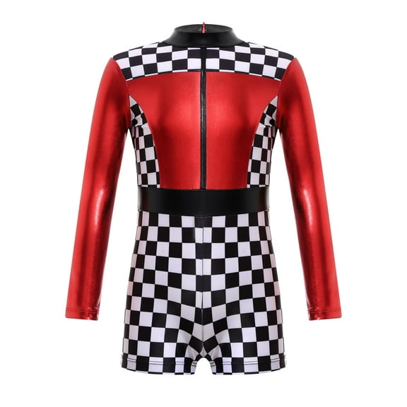 TiaoBug Kids Girls Race Car Racer Costume Kids Long Sleeve Checkerboard Print Jumpsuit Dancewear Red 4