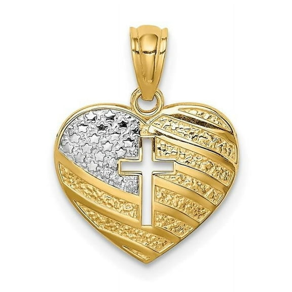 Finest Gold 14K Yellow & Rhodium with US Flag & Cross Heart Pendant