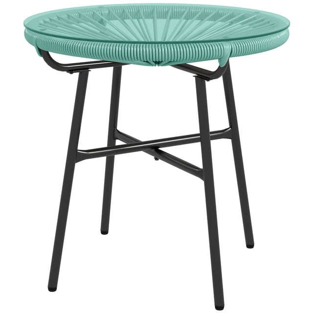 Round Rattan Outdoor Side Table with Tempered Glass Top, Light Green PE Wicker Accent Table with Powder Coated Metal Frame for Patio, Garden, and Backyard, 19.7" x 19.7" x 19.7"