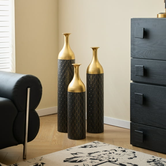 Hearthora 3-Piece Elegant Floor Vase Set, Black & Gold Metal Decorative Vases