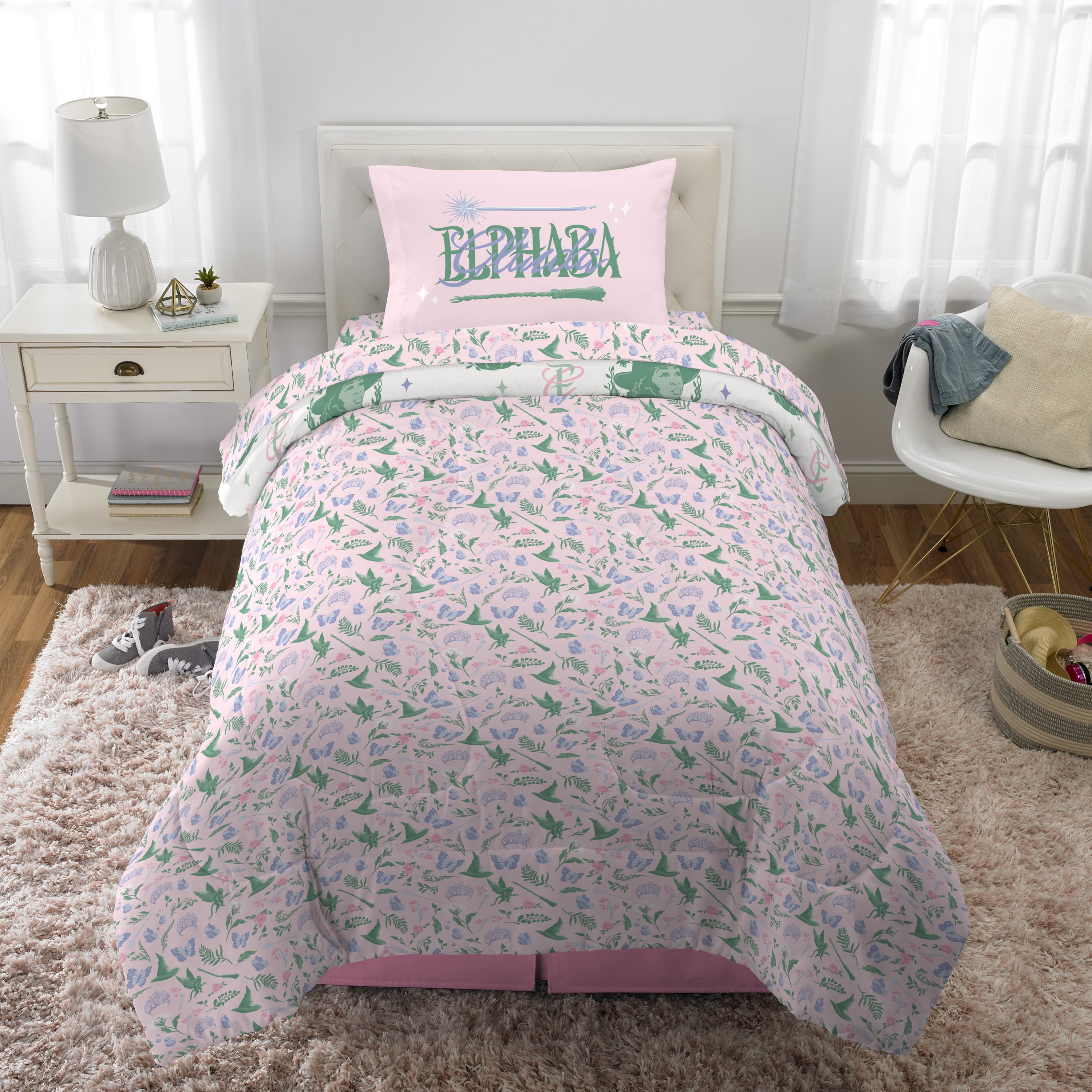 Wicked Kids Pink and Green 6 Piece Reversible Comforter, Bed in a Bag, Twin