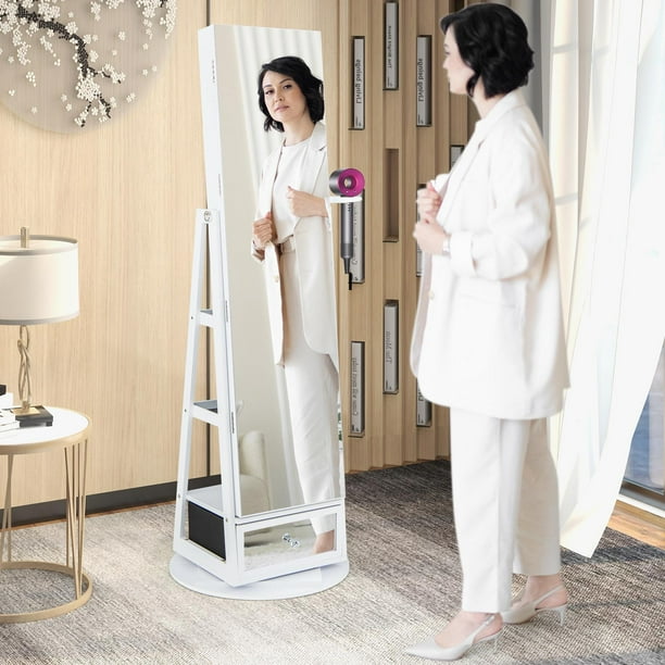 Giantex 360° Swivel Jewelry Cabinet, Standing Jewelry Armoire Organizer w/LED Light, Full Length Mirror & Dressing table, White - Walmart Business Supplies