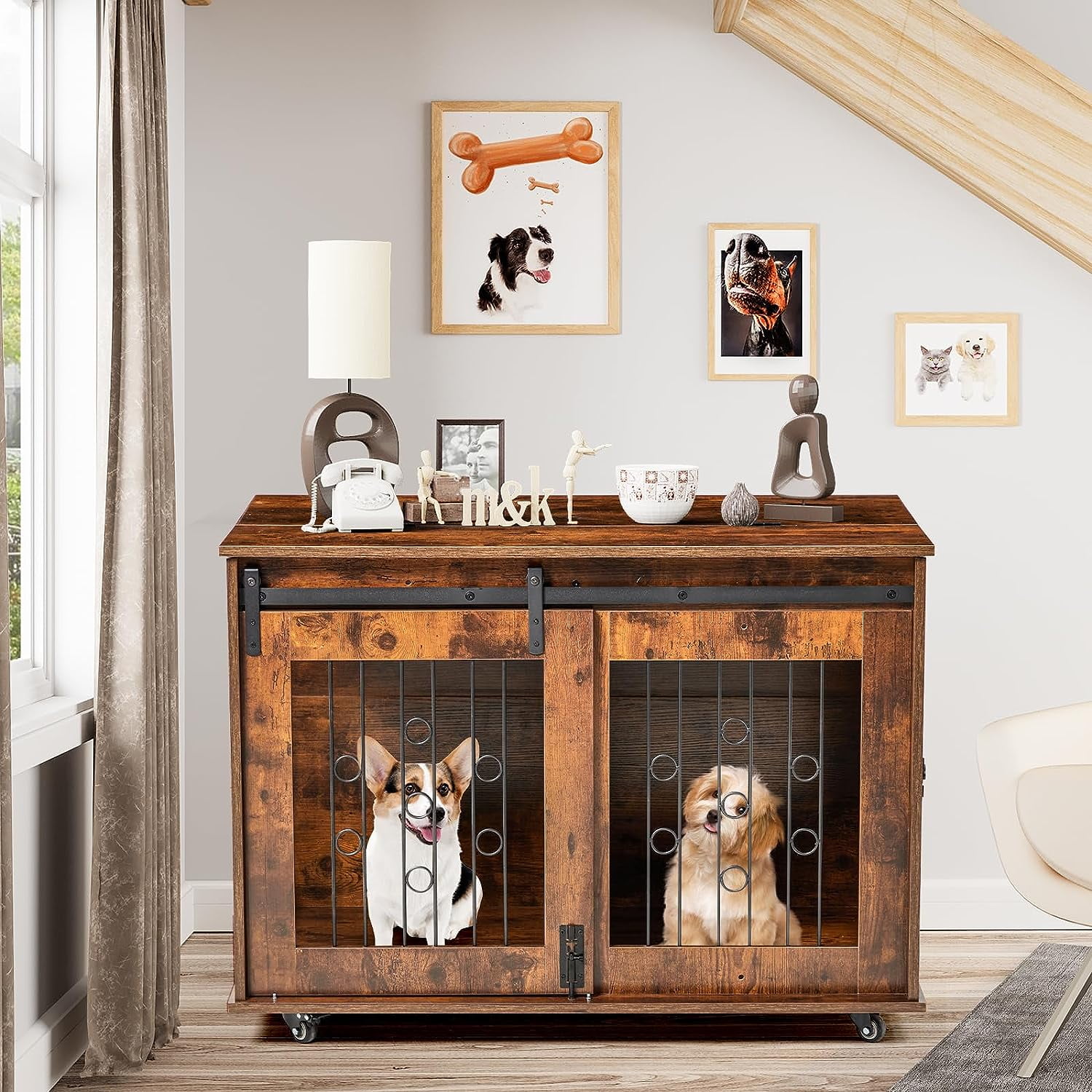 2Room Dog Crate Furniture with Movable Divider, 39" Wooden Dog Crate
