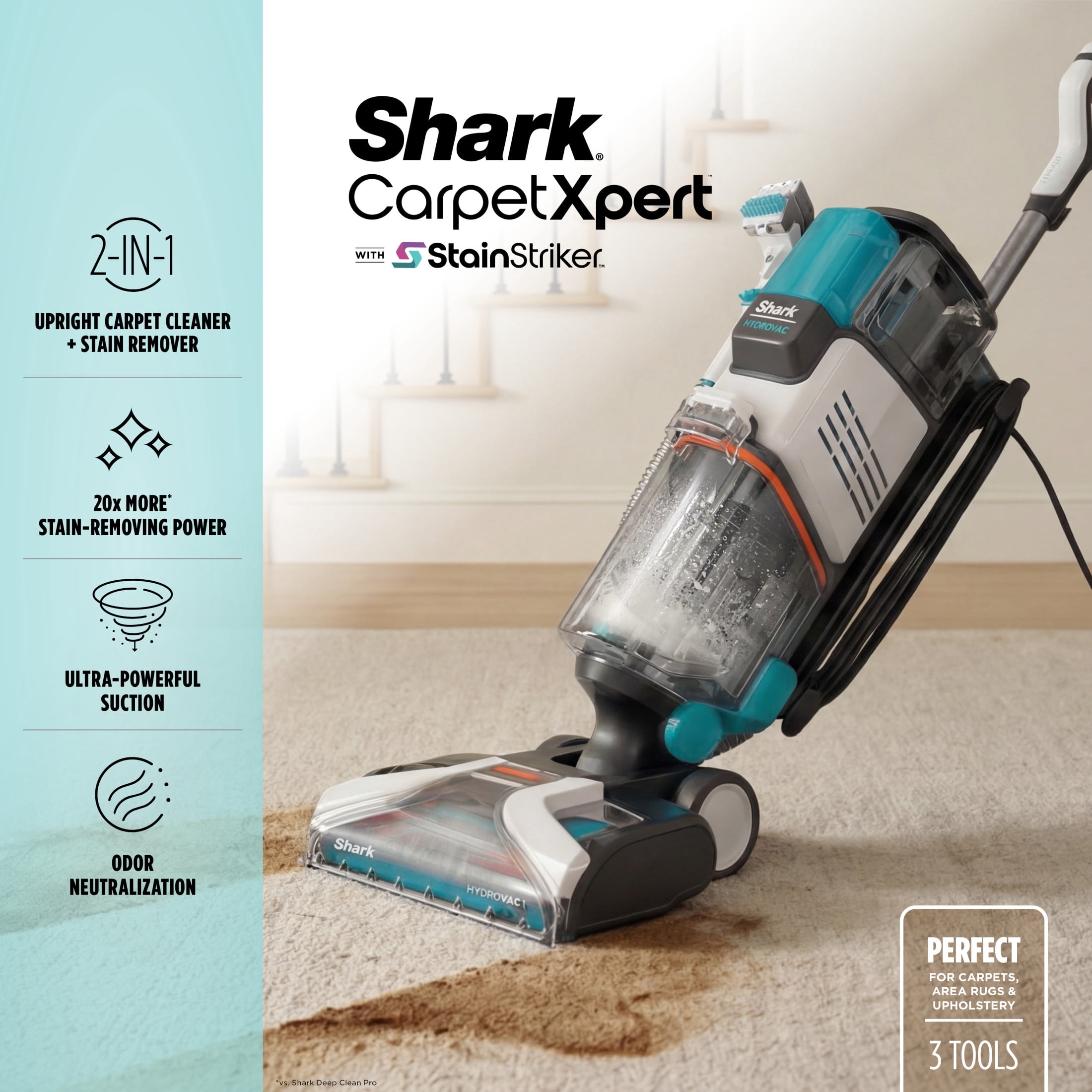 Shark CarpetXpert with StainStriker Upright Carpet & Area Rug Cleaner, Upholstery, Pet Friendly, Pet Mess Extractor Tool, Carpet Shampooer, 3 Tools, Cleaning Solutions, EX201 White