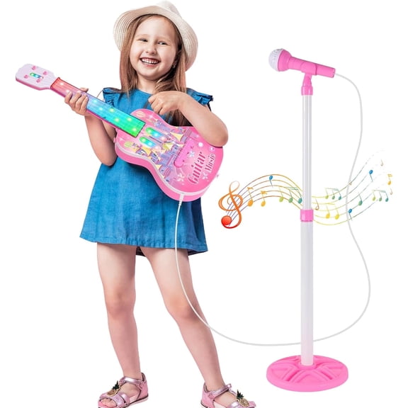 Kids Guitar Toys, Musical Guitar Play Set with Karaoke Microphone and Adjustable Stand, Electric Guitar Toys Starter Kit with 4 Strings,Music&Colorful Light,Musical Instrument Toy Gift for Boys Girls