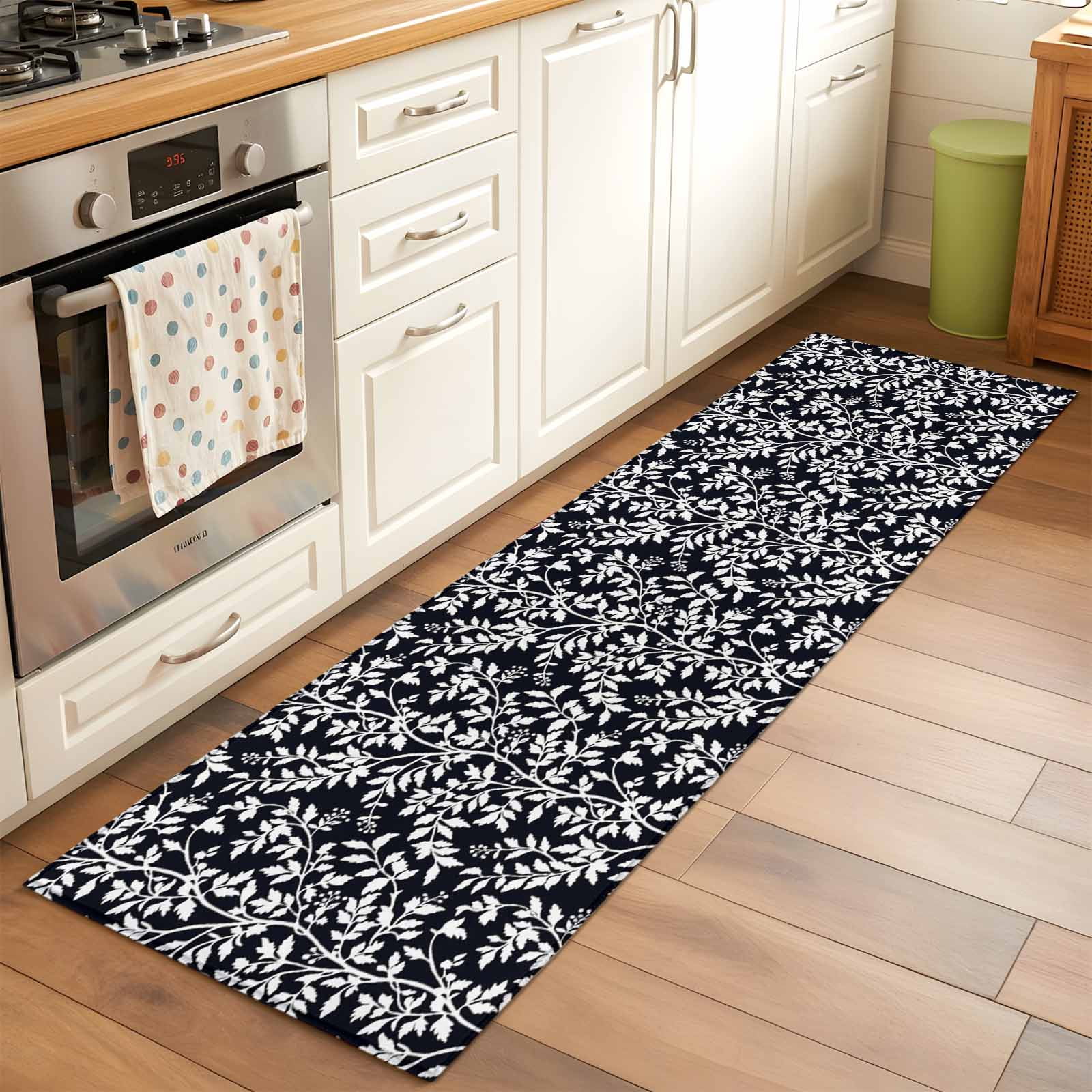 Runner Rug 2'x6', Black Spring Floral Washable Non-Slip Hallway Runner Rugs, Farmhouse Flowers Elegant Pastoral Bedside Rugs Floor Mats Carpet Runners for Kitchen Bathroom Laundry Room