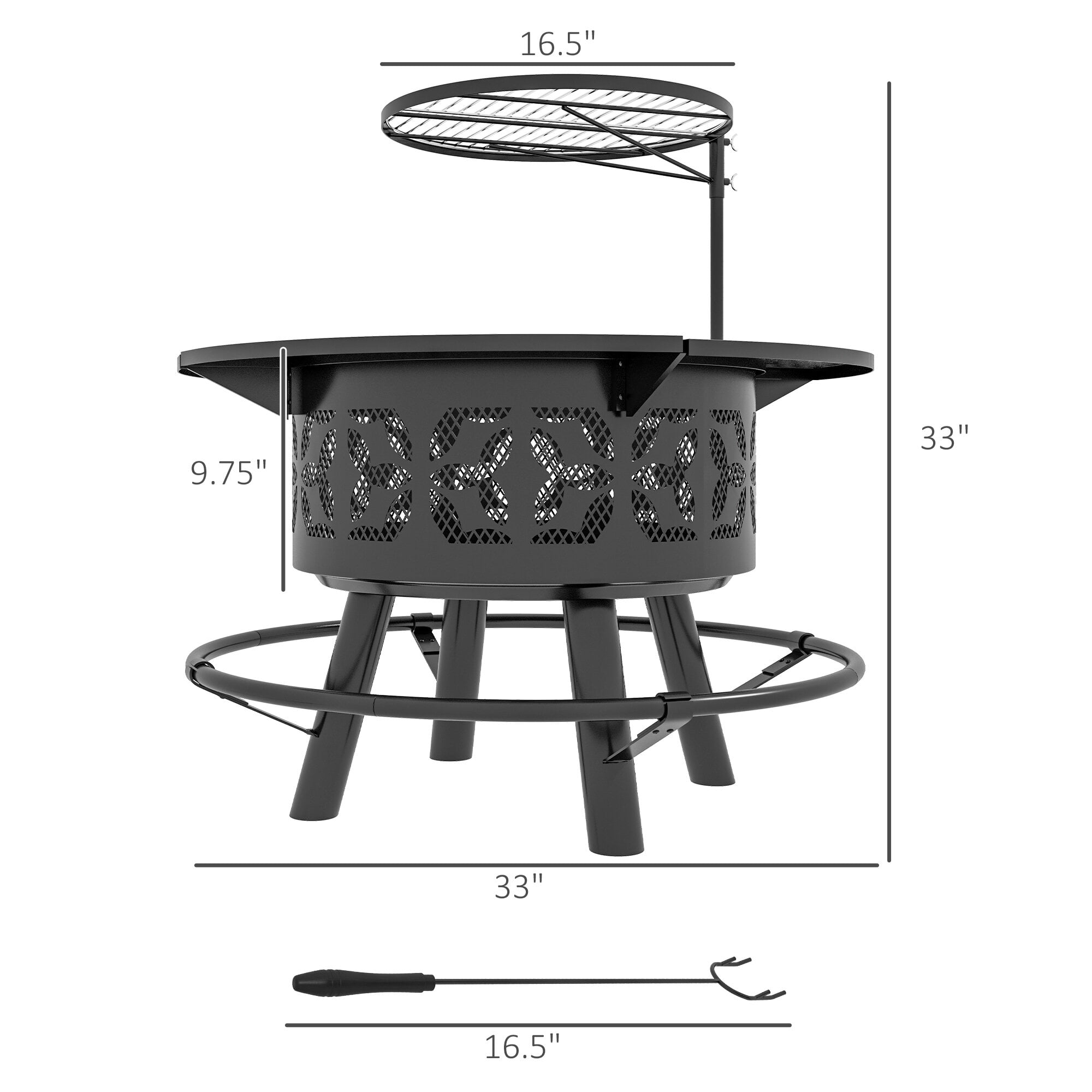 Outdoor Grill, 2-in-1 Fire Pit, BBQ Grill, 33" Portable Wood Burning Firepit with Adjustable Cooking Grate, Pan and Poker, Camping Bonfire Stove for Backyard, Patio, Picnic, Black, Black BBQ Grill