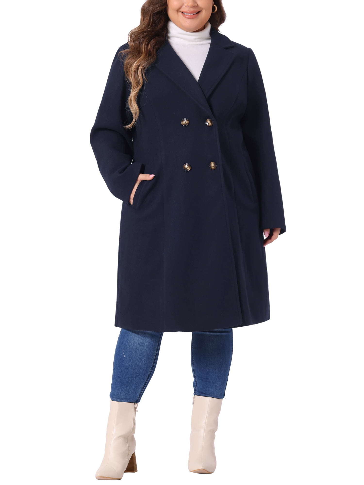 DARING DIVA Women's Plus Size Notched Lapel Warm Double Breasted Coat 4X Dark Blue