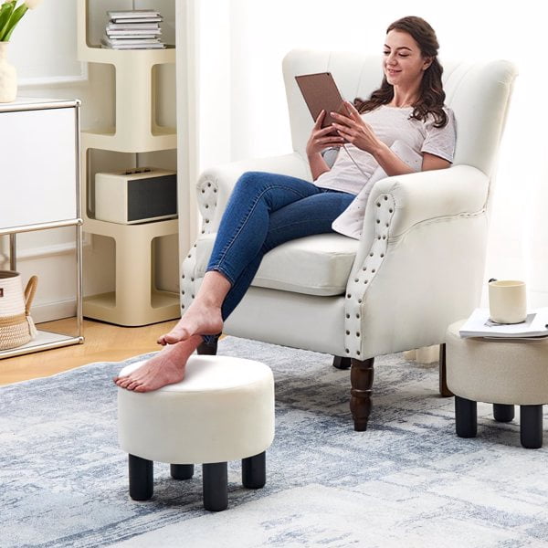 Round Linen Ottoman Foot Stool – Padded Footrest with Non-Skid Pine Legs, Soft Step Stool for Couch, Desk, Dorm, Office, Hallway White