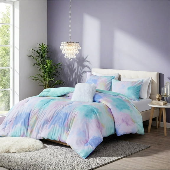 Intelligent Design 4 Piece Full/Queen Size Watercolor Tie Dye Printed Bedding Set, Aqua Comforter Set with Throw Pillow
