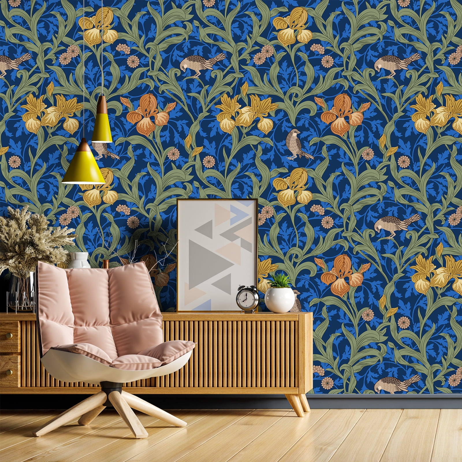 VEELIKE 17.7''x354'' Blue Bird Damask Vintage Floral Wallpaper for Bedroom Peel and Stick Wallpaper Boho Removable Self Adhesive Flower Wall Mural Blue Floral Contact Paper for Cabinets Drawers
