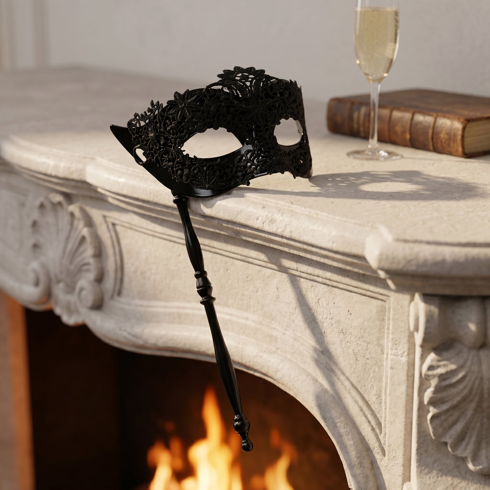 Unique Bargains Handheld Masquerade Mask with Stick Molded Venetian Plastic Eye Mask Black Large Six-Petaled 10.6" x 7.1"
