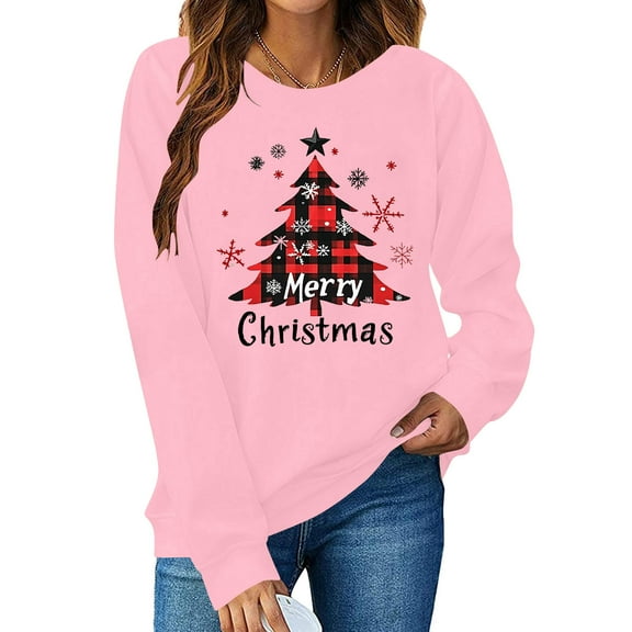 Guzom Womens Pink Christmas Crewneck Sweatshirt - Long Sleeve with Buffalo Plaid Tree & Merry Christmas Graphic,Size XL