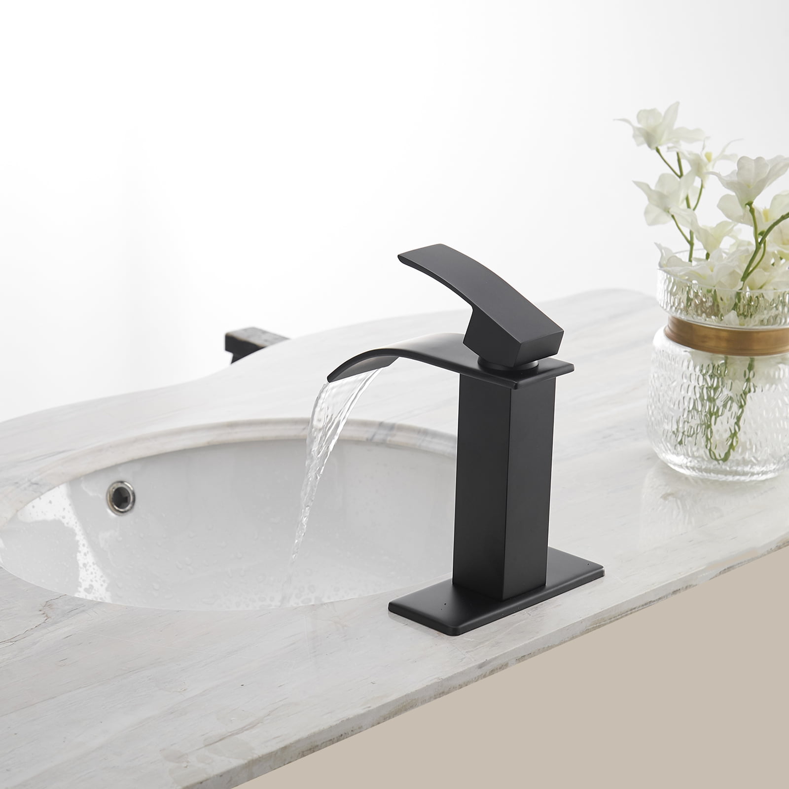 BWE Matte Black Bathroom Faucet Modern Waterfall Single Hole Faucet for Bathroom Sink Single Handle with Pop Up Drain with Overflow Assembly and Supply Line Lavatory Bath Faucet