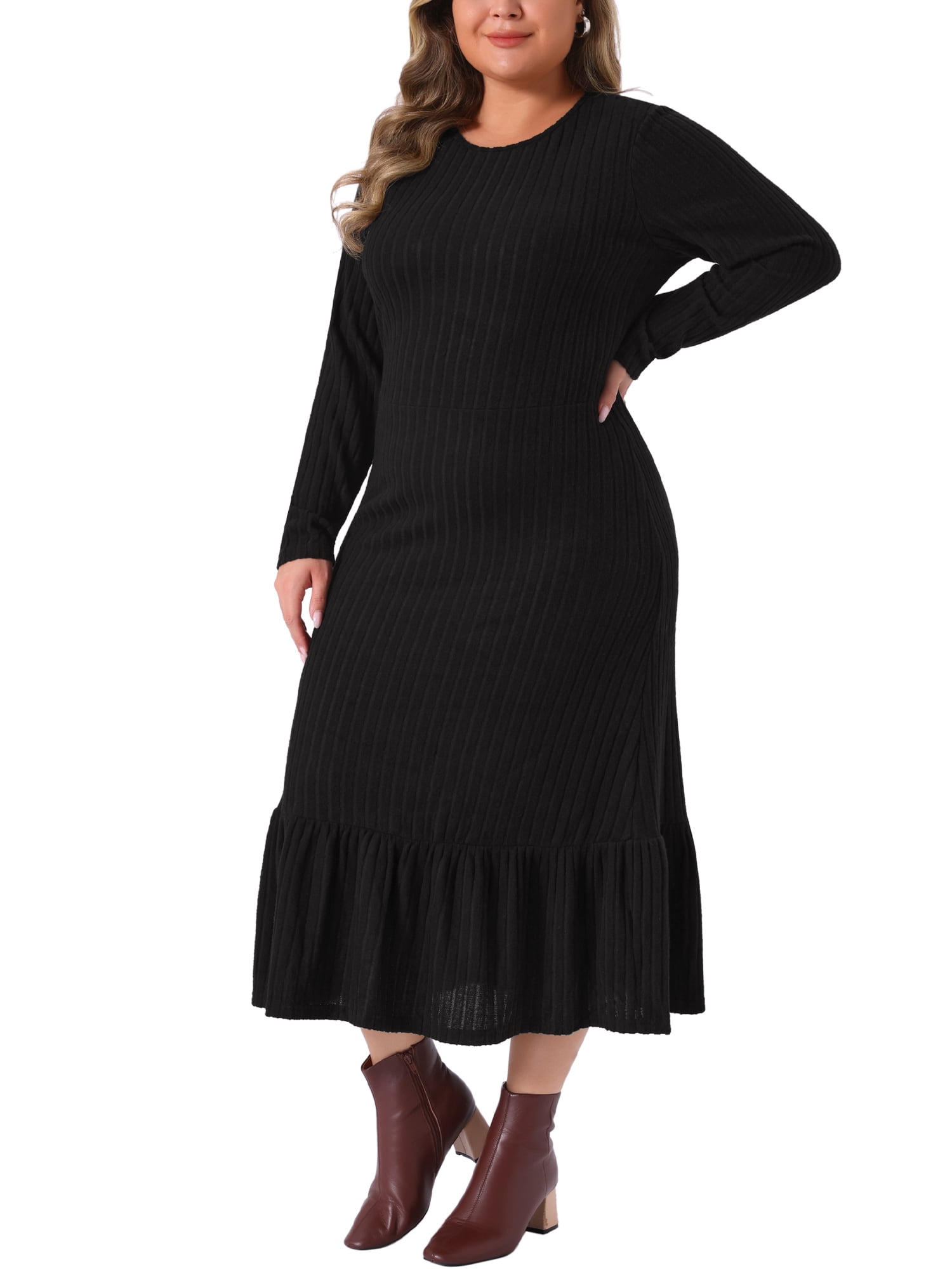 DARING DIVA Women's Plus Size Ribbed Knit Long Sleeve Ruffled Hem Midi Dress 2X Black