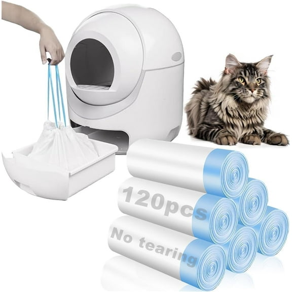 120 Pack Cat Litter Bags with Drawstring, Compatible with Litter Box Robot 3 & 4, 25 * 15.7 inch Self Cleaning Cat Litter Box Liners, 10-12 Gallons