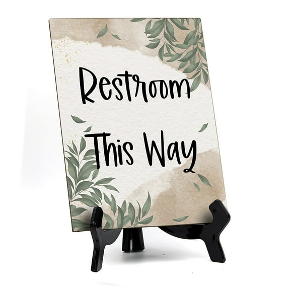 Signs ByLITA Restroom This Way Table Sign with Green Leaves Design (6 x 8")