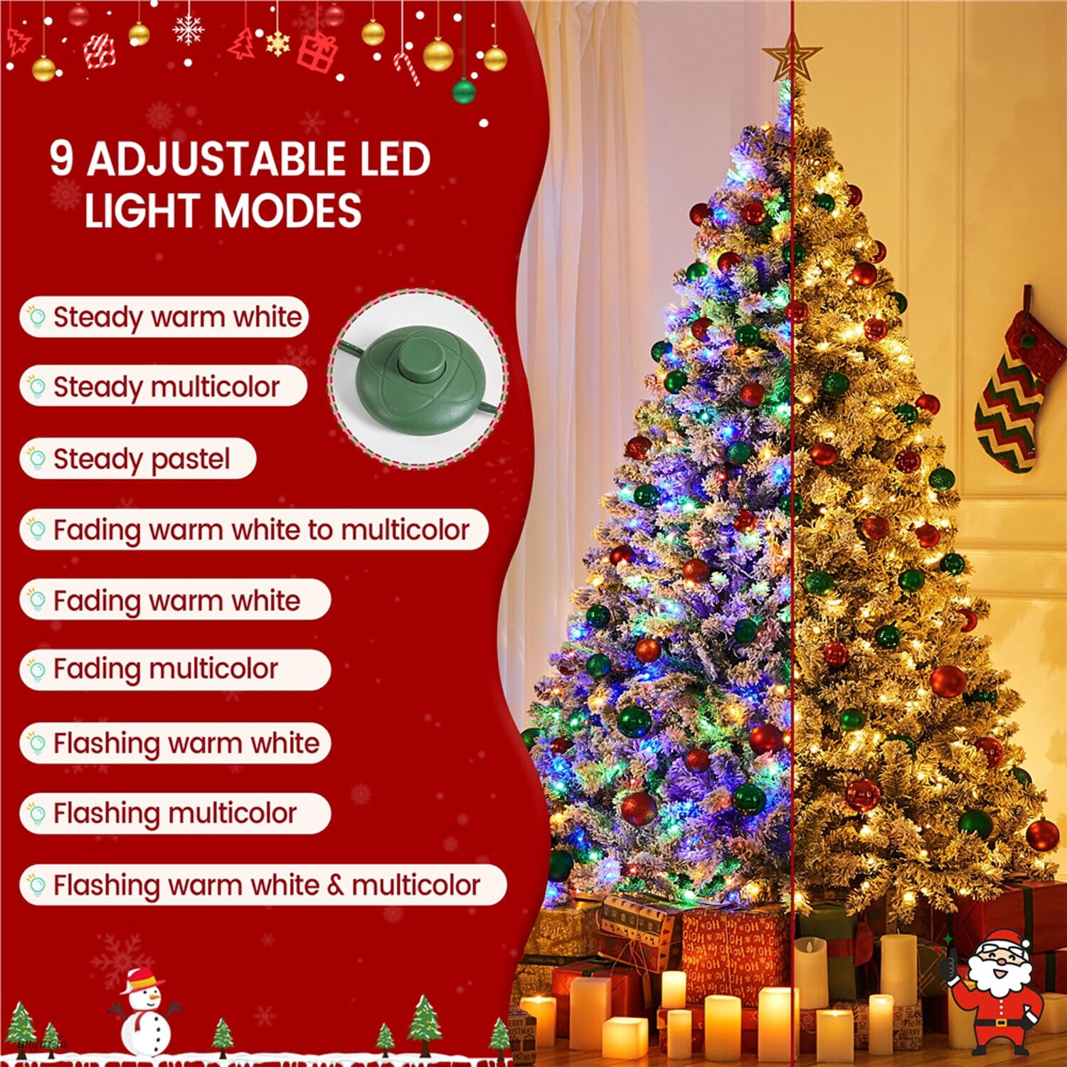 Alden Design 7.5FT Artificial Hinged Fir Pre-lit Flocked Christmas Tree with Foldable Stand and LED Lights,Green & White