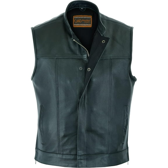Daniel Smart Men’s leather Vest - Premium Cowhide Motorcycle Leather Vest with Unique Scoop Collar Design