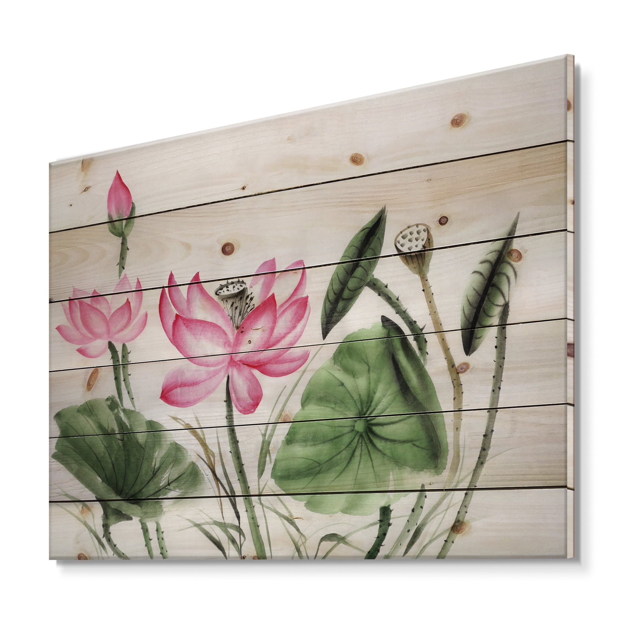 Designart 'Ancient Pink Lotuses In The Pond II' Traditional Print on Natural Pine Wood