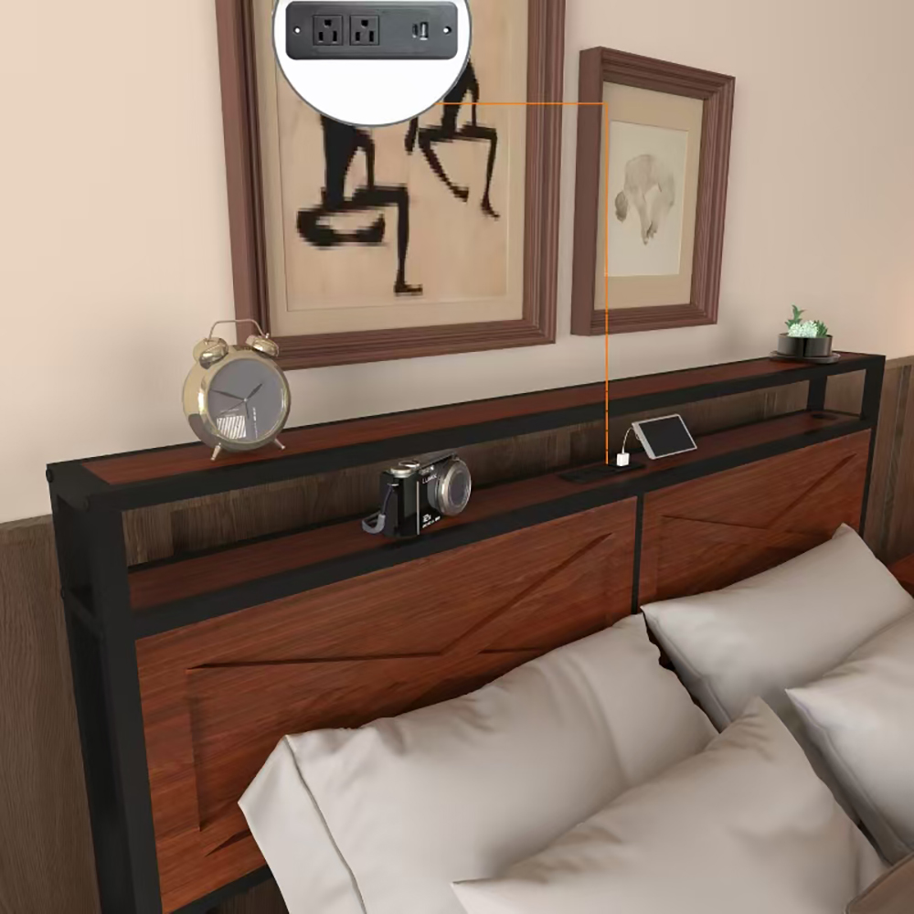 Miniyam Full Size Bed with Headboard Shelf, USB Charging Station, LED Lights, 6 Storage Drawers, Rustic Metal Frame for Adults Teens