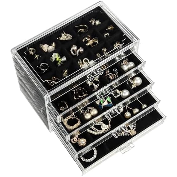 5 Drawers Clear Jewelry Box for Women and Girls, Acrylic Earring Holder Organizer Ring Holder Display Storage, Black