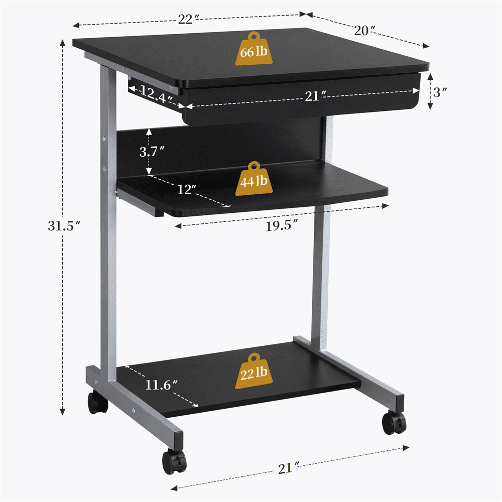 Renwick 3 Tier Mobile Computer Desk Cart, Black/Grey