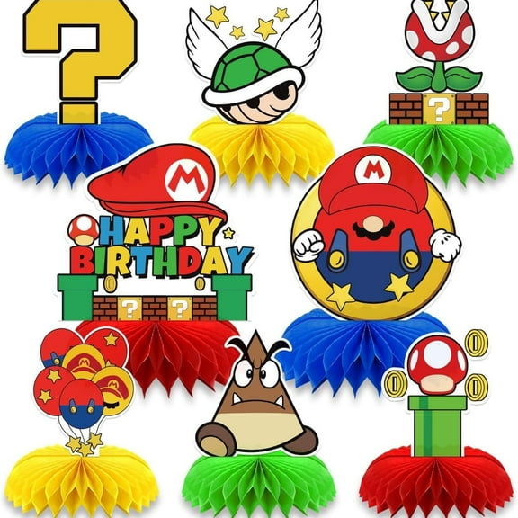 8Pcs Anime Mario Honeycomb Centerpieces Party Supplies for Cartoon Theme Birthday Party Decorations, Double Sided Anime Theme Table Decor Party Favors for Kids
