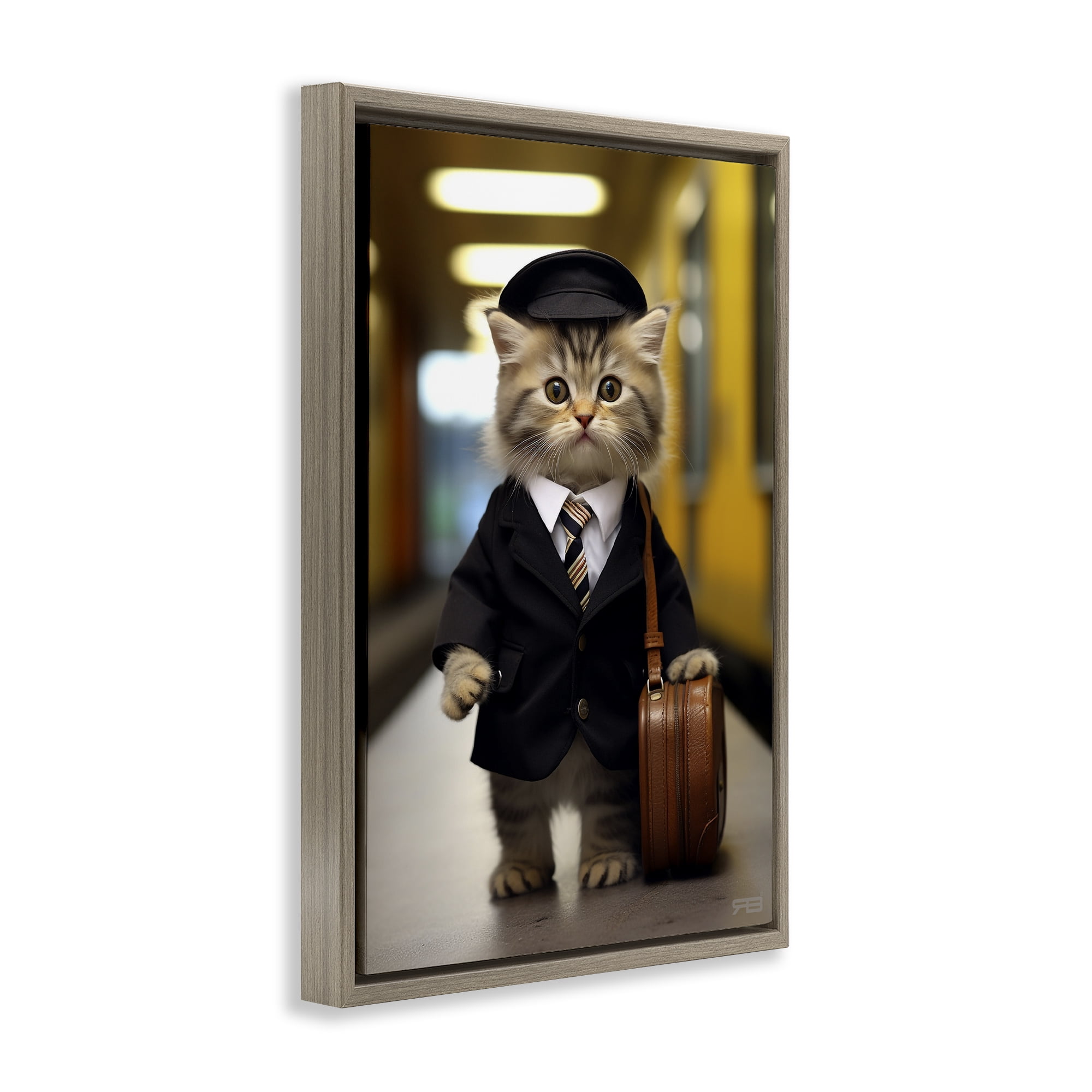 Stupell Industries Traveler Kitten & Briefcase Novelty Painting Brown Floater Framed Canvas Art Print Wall Art, 17 x 25
