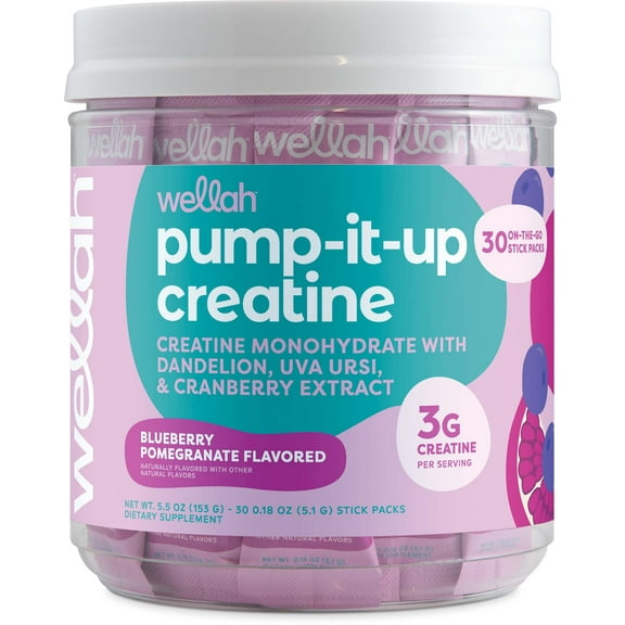 Wellah Pump-It-Up Creatine For Women (Blueberry Pomegranate) 30 Stick Packs - 3g of Creatine Monohydrate with Dandelion, Uva Ursi, & Cranberry Extract, To-Go Packets