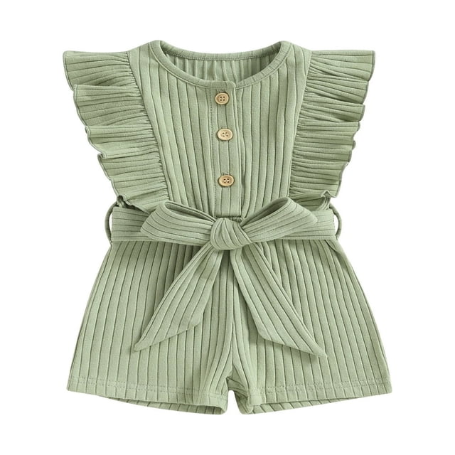 Toddler Baby Girl Clothes Rompers Ribbed Ruffle Sleeveless Button Belted Romper Short Jumpsuit Summer Outfit Brick Red 12-18 Months