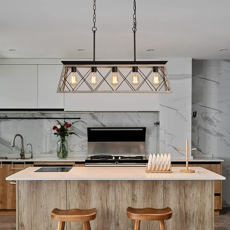 5-Light Kitchen Island Light Fixtures Farmhouse Rustic Vintage Industrial Country Style Chandelier Oak+ORB Linear Geoetric Metal Wood -Look Pendant ...