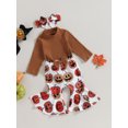thumbnail image 4 of xiaxaixu Baby Girl Fall Outfits Solid Color Rib Knit Long Sleeve Rompers Pumpkin Print Flare Pants Headband 3Pcs Halloween Clothes Set, 4 of 9