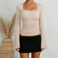 thumbnail image 2 of NAFUU Soft Ladies T-Shirts Solid Color Long Sleeve Ribbed Lace Trim Top Fashion U Neck Fall Winter Season Basic Tees For Women，Beige, 2 of 4
