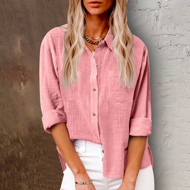 AherBiu Plus Size Women Button down Tops Long Sleeve Lapel Collar Linen Tops Fall Casual Solid Color Cotton Blouses