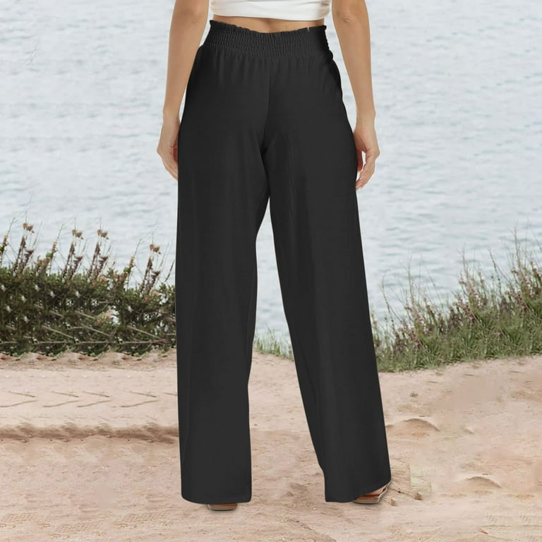 Jalioing Straight Trousers for Women Wide Leg Solid Color Stretchy Elastic High Rise Rushed with Pocket Pants (X-Large, Black) Jalioing Straight Trousers for Women Wide Leg Solid Color Stretchy Elastic High Rise Rushed with Pocket Pants (X-Large, Black)